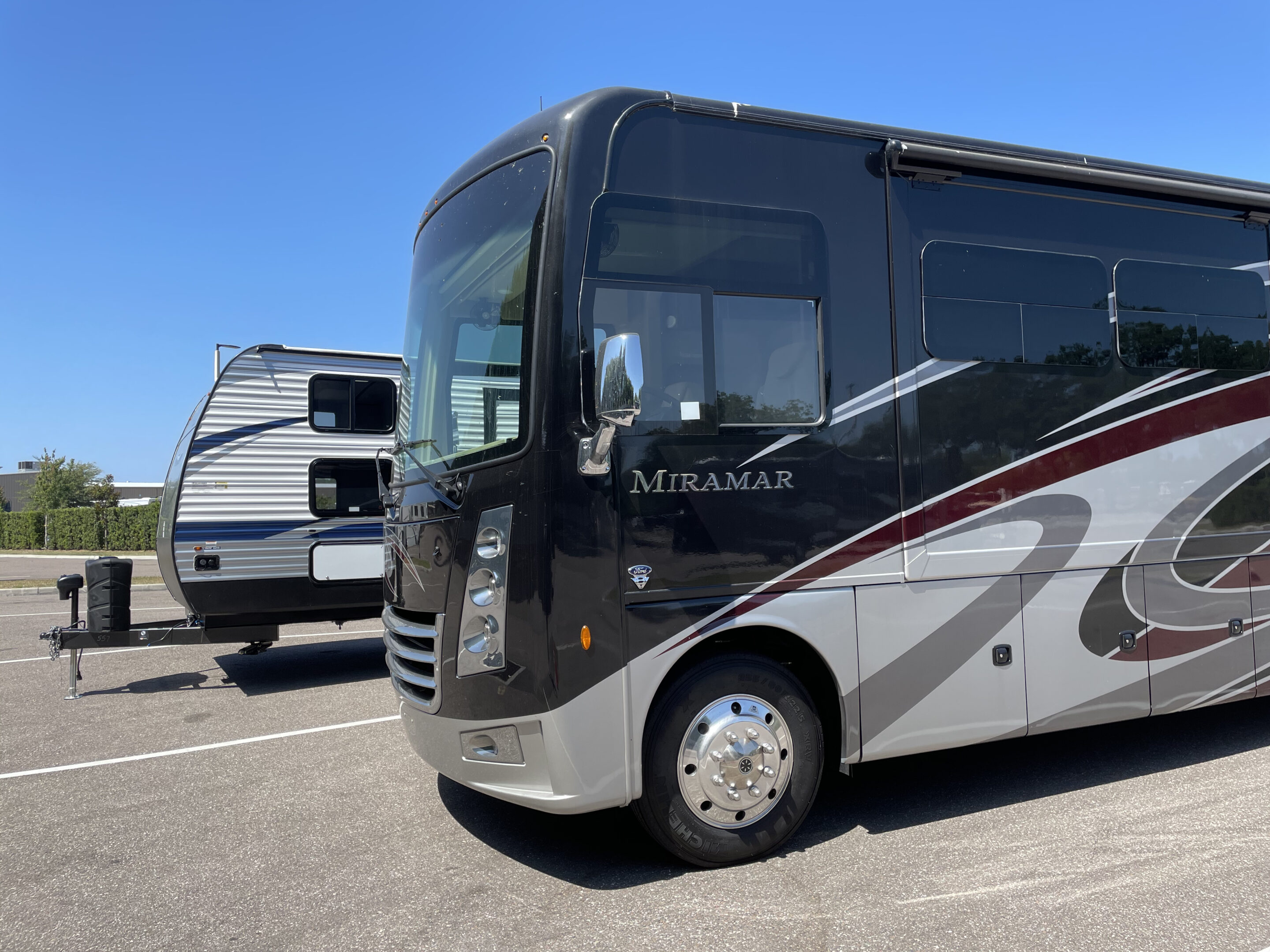 RV's and motorhome in parking lot